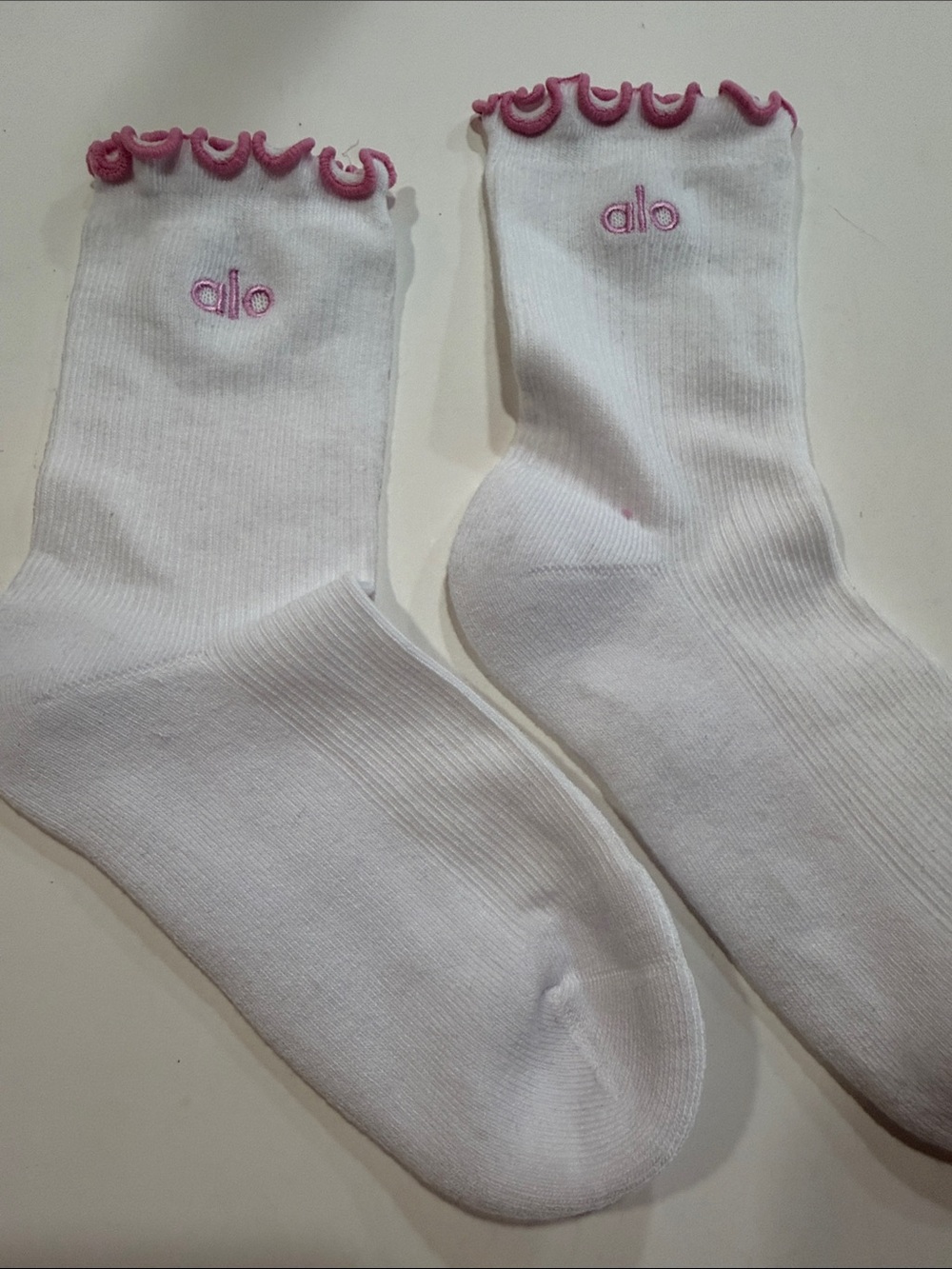 Alo White Socks with Pink Lettuce Edge - Picture 2 of 2